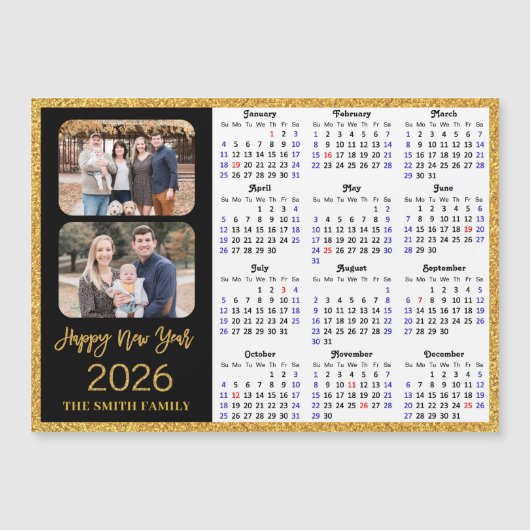 2026 Kalender Moderner Gold Glitzer 2 Foto Magneti Magnetkarte (Vorderseite)