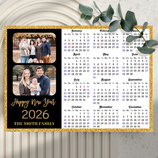 2026 Kalender Moderner Gold Glitzer 2 Foto Magneti Magnetkarte
