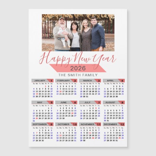 2026 Kalender Modernes Foto der rosa Familie Magne Magnetkarte (Vorderseite)