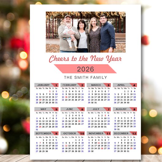 2026 Kalender Modernes Foto der rosa Familie Magne Magnetkarte