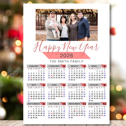 2026 Kalender Modernes Foto der rosa Familie Magne Magnetkarte