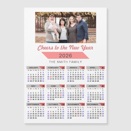 2026 Kalender Modernes Foto der rosa Familie Magne Magnetkarte (Vorderseite)