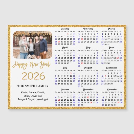 2026 Kalender Modernes Gold Glitzer Foto Magnetic Magnetkarte (Vorderseite)