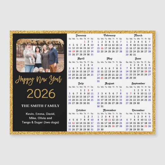 2026 Kalender Modernes Gold Glitzer Foto Magnetic Magnetkarte (Vorderseite)