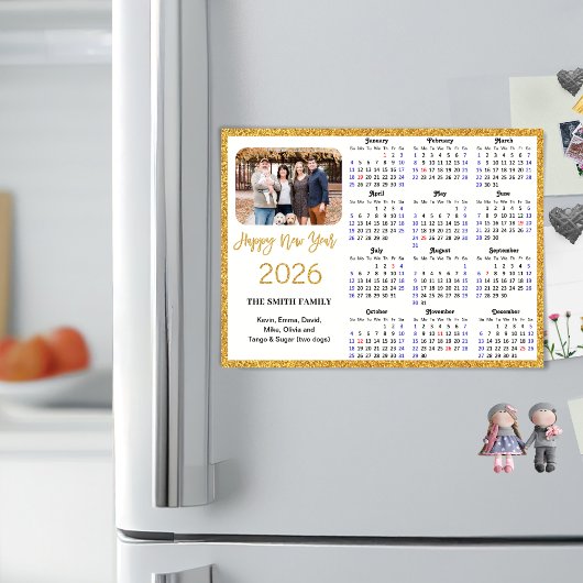 2026 Kalender Modernes Gold Glitzer Foto Magnetic Magnetkarte