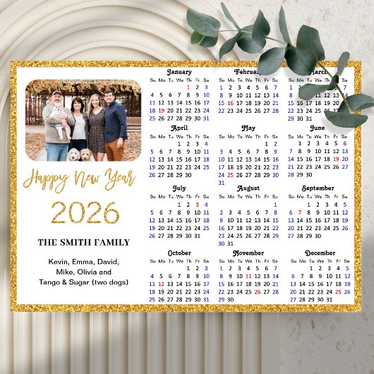 2026 Kalender Modernes Gold Glitzer Foto Magnetic Magnetkarte