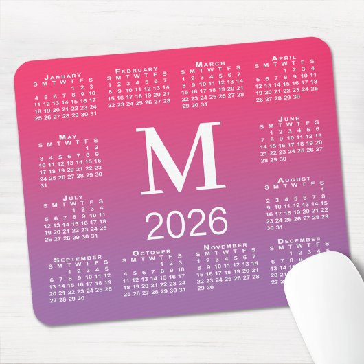 2026 Kalender Monogramm auf rosa bis violettem Far Mousepad
