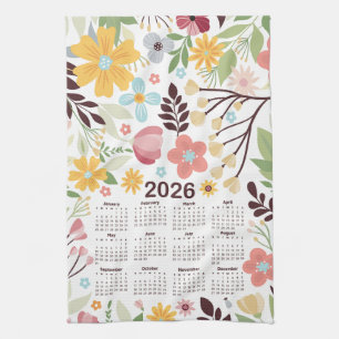 2026 Kalender Multicolor Handgezeichnete Blüte Geschirrtuch
