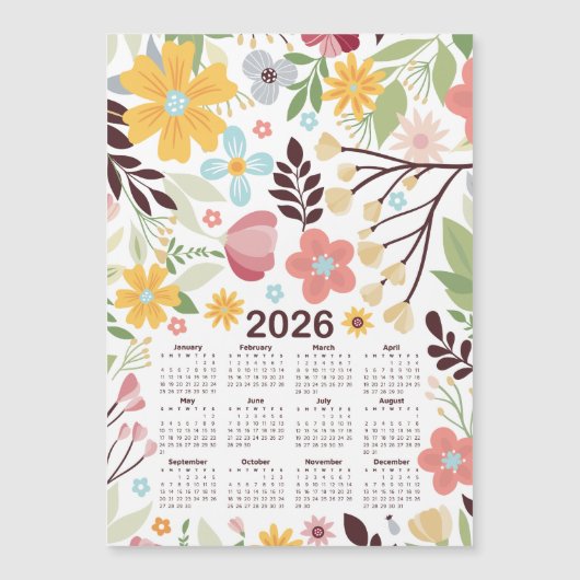 2026 Kalender Multicolor Handgezeichnete Blüte Magnetkarte (Vorderseite)