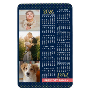 2026 Kalender Navy Coral Gold Familienfoto-Collage Magnet