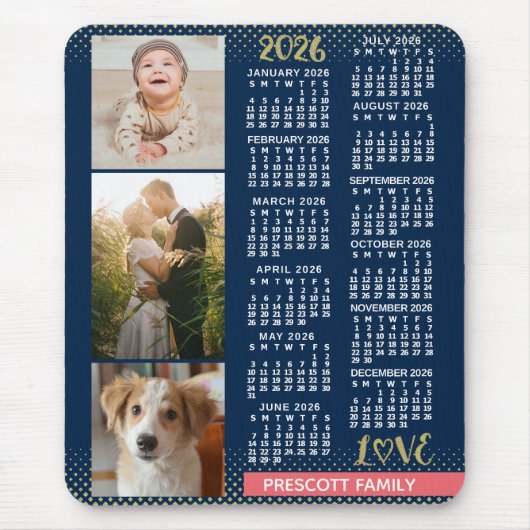 2026 Kalender Navy Coral Gold Familienfoto-Collage Mousepad (Vorne)