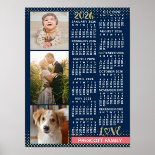 2026 Kalender Navy Coral Gold Familienfoto-Collage Poster