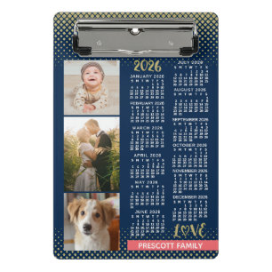 2026 Kalender Navy Koralle Gold Familienfoto-Colla Mini Klemmbrett