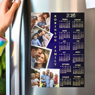 2026 Kalender Navy Weiß Gold 5-Foto-Collage Magnetkarte