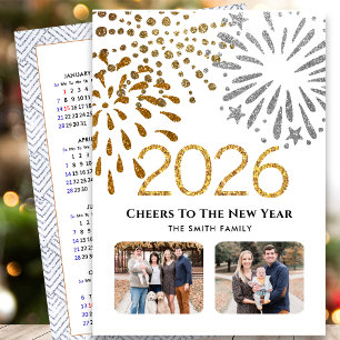 2026 Kalender Neujahr Feuerwerk Gold Familie Foto Feiertagskarte