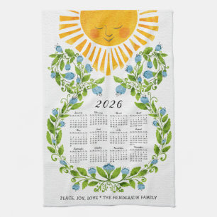 2026 Kalender Niedlich Sun Blue Blumen Blumen Geschirrtuch