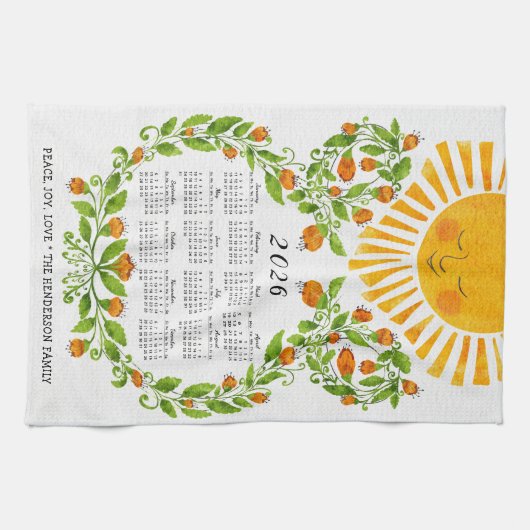 2026 Kalender Niedlich Sun Orange Blume Blumenmust Geschirrtuch (Horizontal)