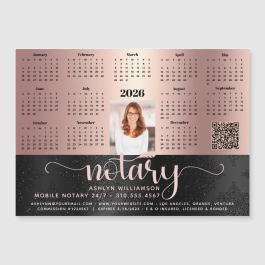 2026 Kalender Notary Black Pink QR Code Magnet (Vorderseite)