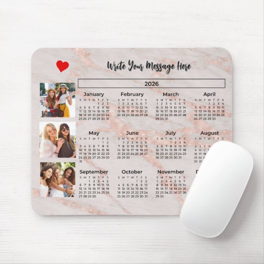 2026 Kalender Pink Marbleized Foto-Collage-Magnet Mousepad (Mit Mouse)