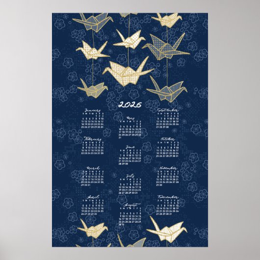 2026 Kalender Poster Origami Krane Blau und Gold (Vorne)