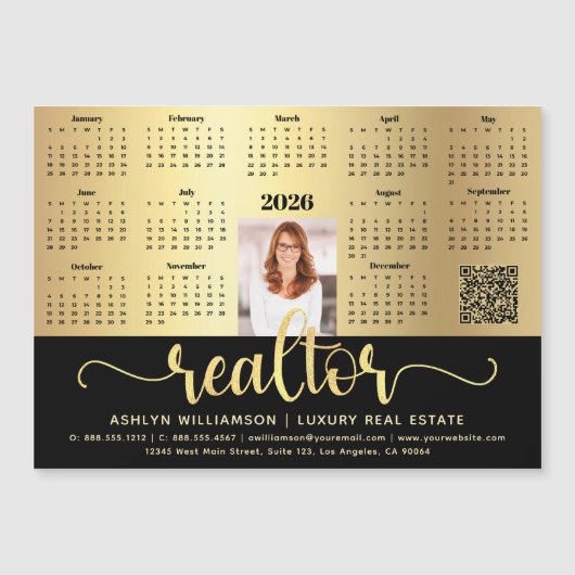 2026 Kalender Realtor Black Gold QR Code Magnet (Vorderseite)