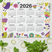 2026 Kalender Rosa und Lila Vögel und Blume Geschirrtuch (Gefaltet)