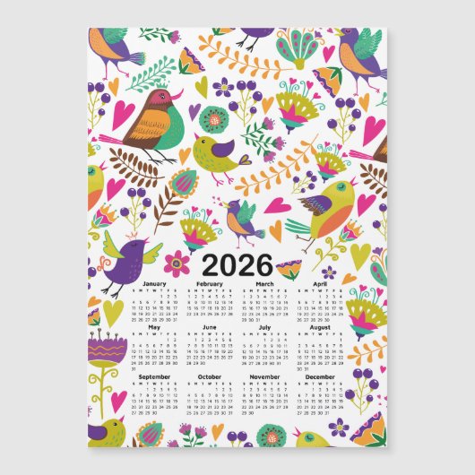 2026 Kalender Rosa und Lila Vögel und Blume Magnetkarte (Vorderseite)