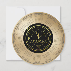 2026 Kalender Schwarz und Gold Neujahrsuhr Feiertagskarte