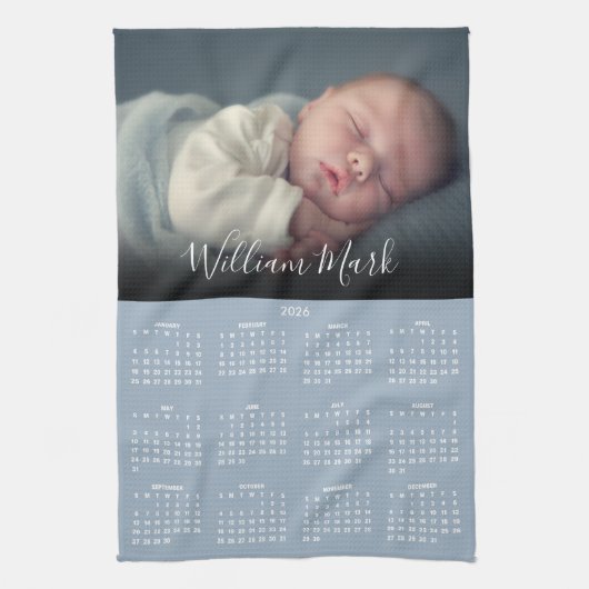 2026 Kalender Skript Name Foto Staubblau Geschirrtuch (Vertikal)