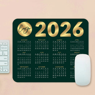 2026 Kalender Smaragdgrün & Gold-Logo Mousepad