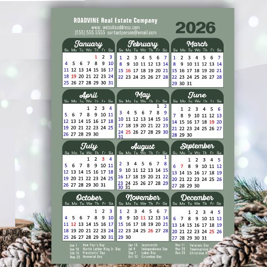 2026 Kalender Überblick Green Simple Business Magn Magnetkarte