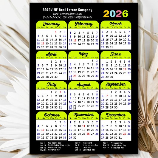 2026 Kalender US-Urlaub Green Corporate Magnetic Magnetkarte