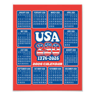 2026 Kalender - USA 250 Rot Weiß Blau Fotodruck