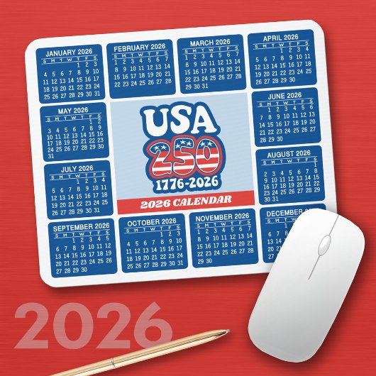 2026 Kalender - USA 250 Rot Weiß Blau Mousepad