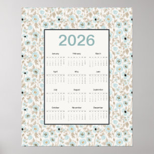 2026 Kalender Volljahr Blau Creme Mohnblumen Poster