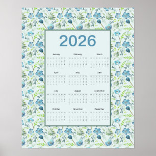 2026 Kalender Volljahr Blau Floral Poster