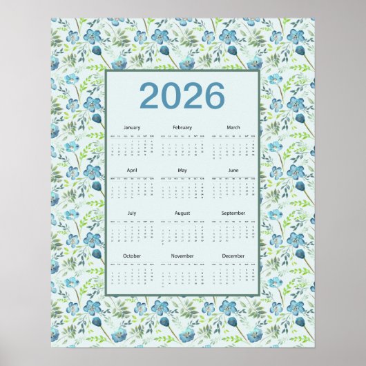 2026 Kalender Volljahr Blau Floral Poster (Vorne)