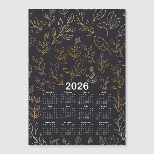 2026 Kalender Vorzeitiges Gold-Blätter-Muster Magnetkarte (Vorderseite)