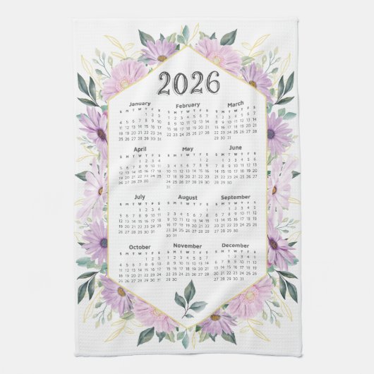 2026 Kalender Wasserfarbe Lila Botanische Vegetati Geschirrtuch (Vertikal)