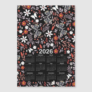 2026 Kalender Whimsical Floral & Butterfly Black Magnetkarte