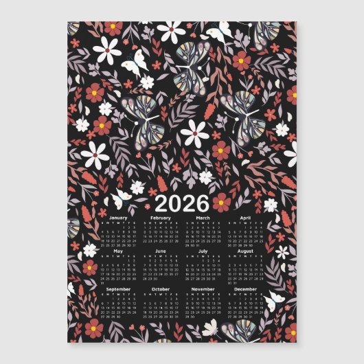2026 Kalender Whimsical Floral & Butterfly Black Magnetkarte (Vorderseite)