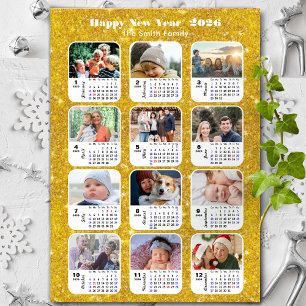 2026 Kalenderfamilie 12 Foto Collage Festive Gold Feiertagskarte