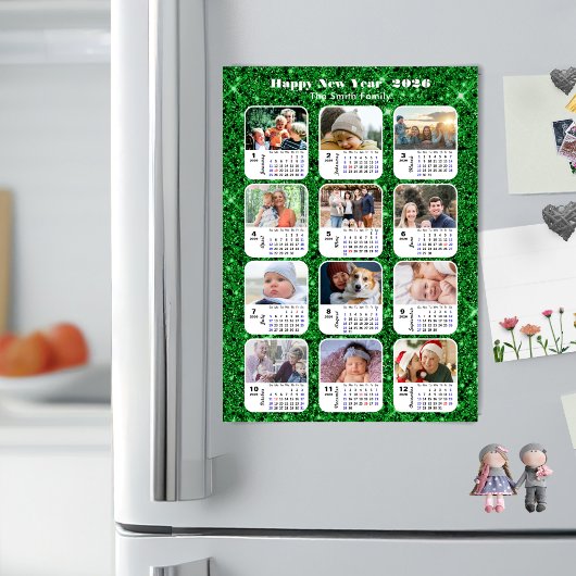 2026 Kalenderfamilie 12 Foto Moderner Grüner Glitz Magnetkarte