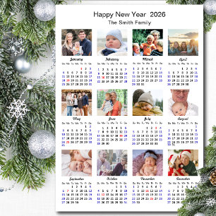2026 Kalenderfamilie 12 FotoCollage Minimalistisch Feiertagskarte