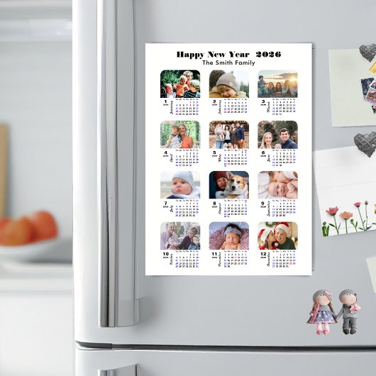 2026 Kalenderfamilie 12 FotoCollage Minimalistisch Magnetkarte