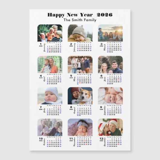 2026 Kalenderfamilie 12 FotoCollage Minimalistisch Magnetkarte (Vorderseite)