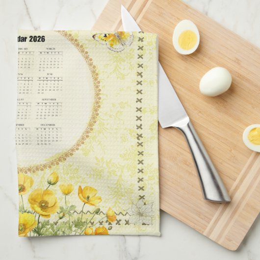 2026 Kalenderhandtuch Gelb Goldfinch Geschirrtuch (Viertel Falte)
