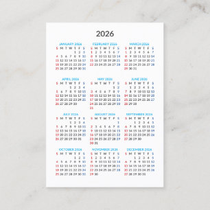 2026 Kalenderkarte: Sonntag Start Visitenkarte