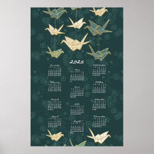 2026 Kalenderposter Origami-Krane Grün und Gold Poster