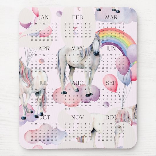2026 Kids UnicornRainbow Moon Stars Kalender Mousepad (Vorne)